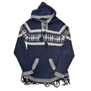 Alpaca Connection VNTG Navy Blue Llama Fair Isle Hoodie Fringe Sweater Dress XL